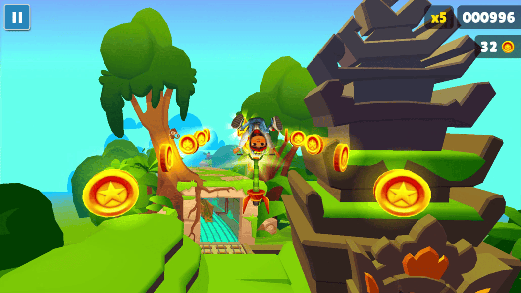 Subway Surfers character using a pogo stick to collect coins above the tracks