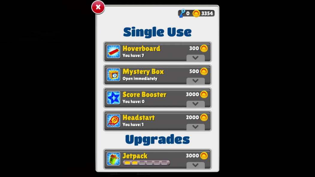 Subway Surfers shop showing hoverboards, Mystery Boxes, Score Boosters and upgrades