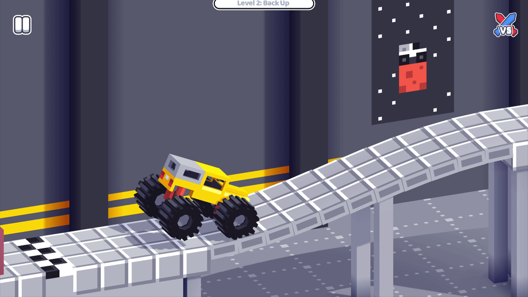 Yellow monster truck climbing a raised track in the Back Up level of Drive Mad