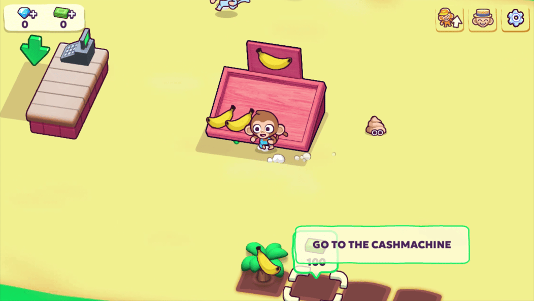 Monkey Mart tutorial guiding the player toward a cash register upgrade