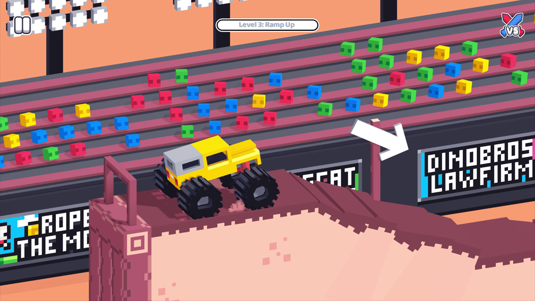 Yellow monster truck approaching a steep ramp in the Ramp Up level of Drive Mad