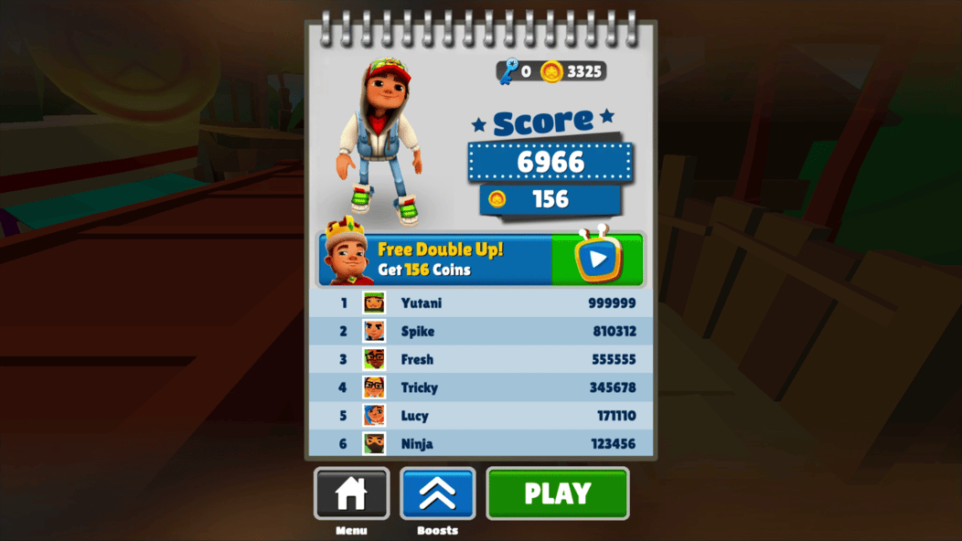 Subway Surfers score screen showing points, coins and the leaderboard