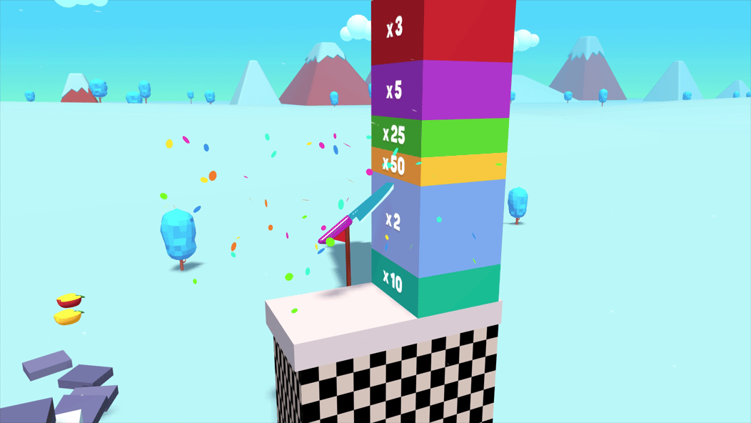 Slice Master knife reaching a colourful finish tower with score multipliers