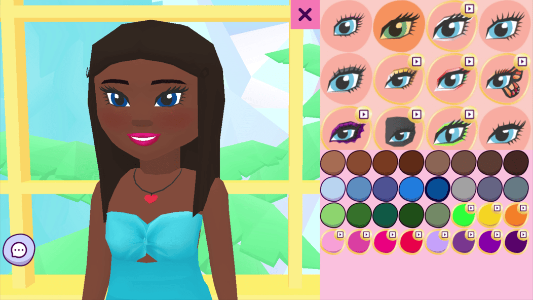 Vortella's Dress Up character customization screen with eye shapes and colors