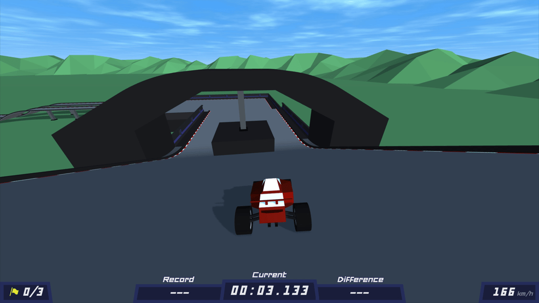 PolyTrack red race car approaching a large black arch on a low-poly racing circuit