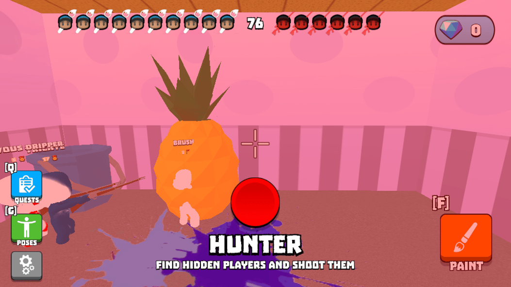 First person hunter view searching for disguised players hidden among painted objects.