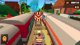 Subway Surfers character running between trains toward a striped railway barrier