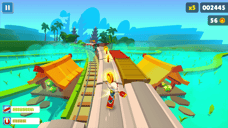 Subway Surfers character riding a hoverboard on top of a train while collecting coins