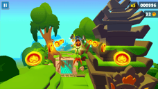 Subway Surfers character using a pogo stick to collect coins above the tracks