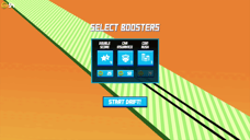 Drift Boss booster menu showing Double Score, Car Insurance and Coin Rush upgrades