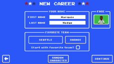 Retro Bowl new career screen for choosing a coach name, face and favorite team
