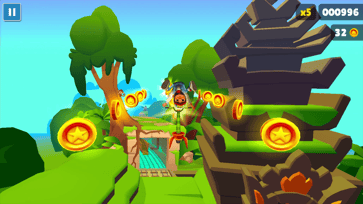 Subway Surfers character using a pogo stick to collect coins above the tracks