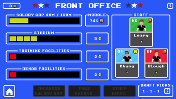 Retro Bowl Front Office screen with stadium, training, rehab and coaching staff upgrades