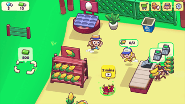 Monkey Mart with stocked corn shelves, customers and checkout counters