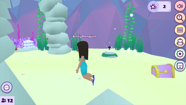 Vortella's Dress Up avatar exploring an underwater area beside a treasure chest