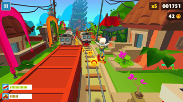 Subway Surfers character jumping between trains while collecting coins