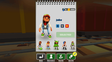 Subway Surfers character selection screen with Jake and other runners