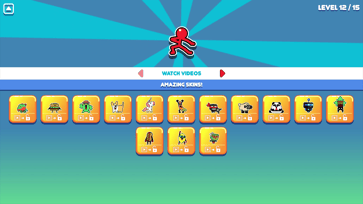Stickman Hook character selection screen showing unlockable animal and costume skins