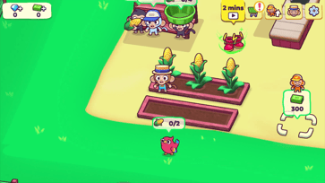 Monkey Mart gameplay showing corn crops growing beside the market