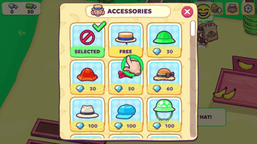 Monkey Mart accessories menu showing hats available for the monkey character