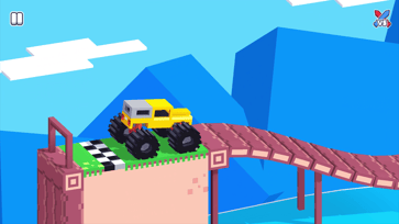 Yellow monster truck crossing a narrow bridge high above the water in Drive Mad