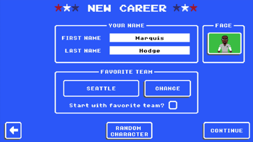 Retro Bowl new career screen for choosing a coach name, face and favorite team