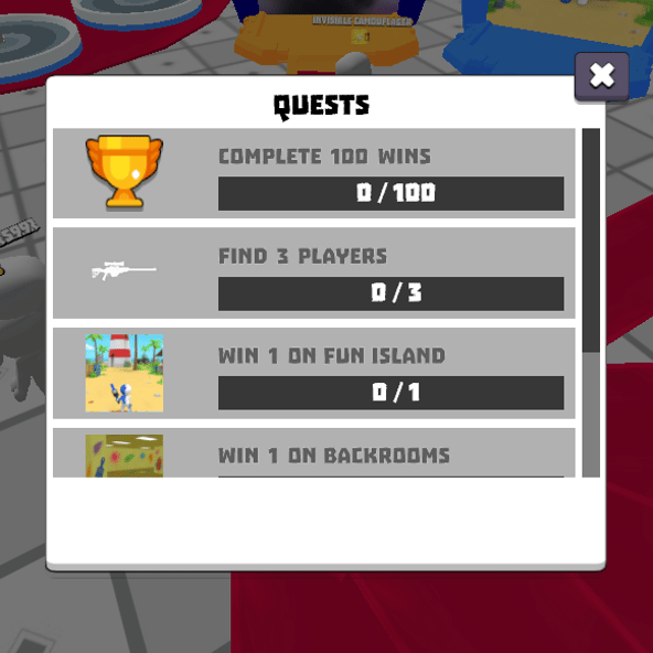 Quest screen showing challenges like winning matches and completing objectives to earn rewards.
